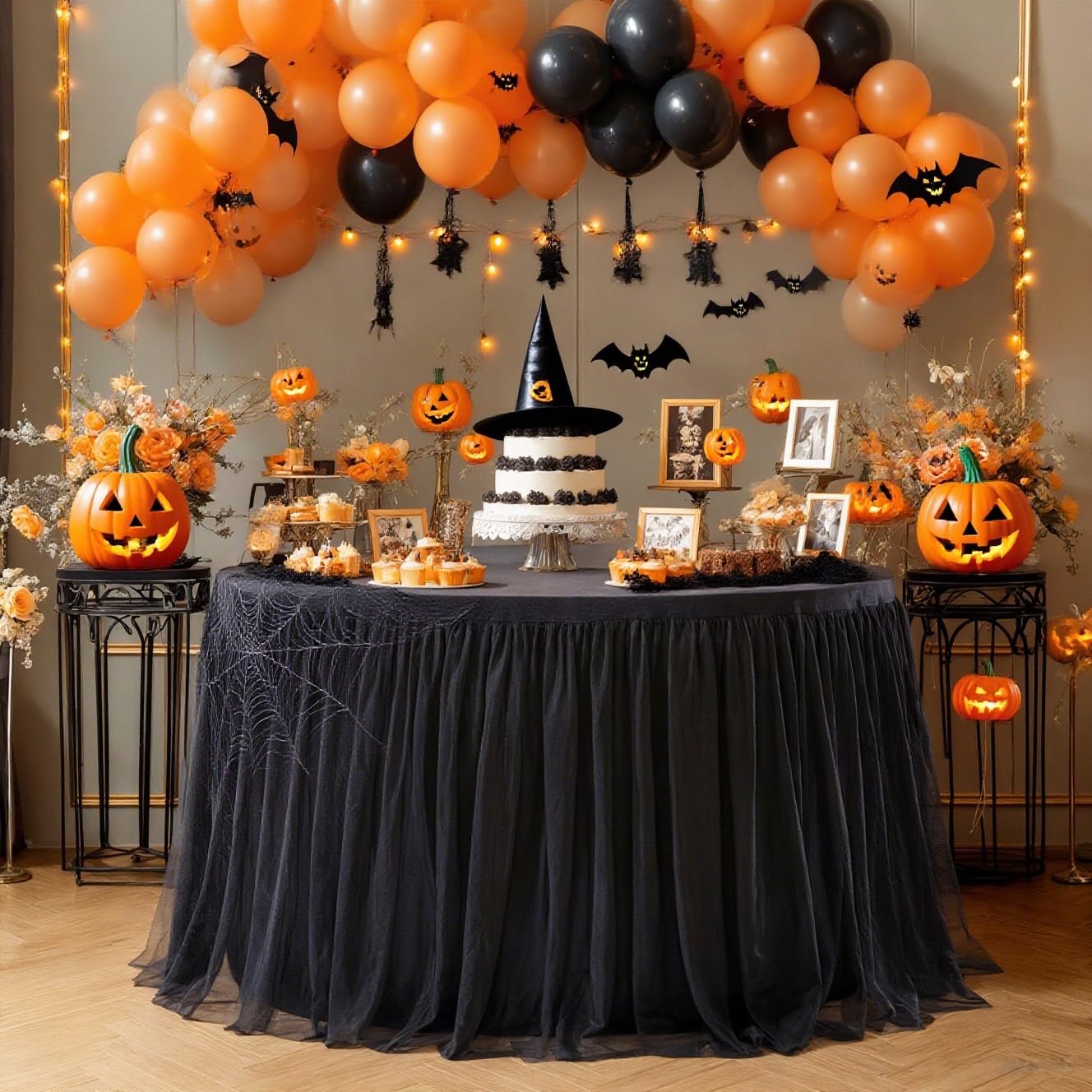 60 Inch Black Round Tulle Tablecloth with Skirt