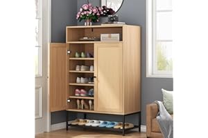 Gyfimoie Rattan Shoe Organizer with Doors, Shoe Storage Cabinet with Adjustable Shelves for Entryway, 7-Tier Entryway Shoe Rack Storage for Hallway, Closet, Living Room