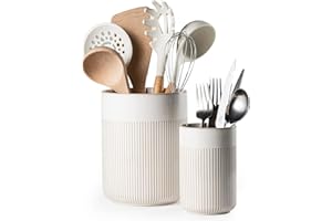 MIKIGEY Utensil Holder, 7.3”+5.4” Ceramic Cooking Utensil Organizer, Kitchen Utensil Holder for Countertop, Utensil Crock for Farmhouse Kitchen Decor, Set of 2, Arctic White