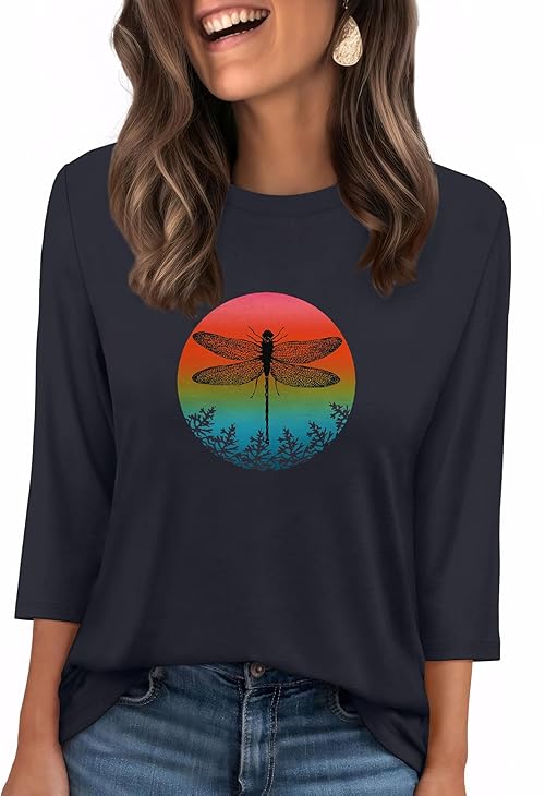 WIHOLL Boho Tops for Women 3/4 Sleeve Length Womens Tops Round Neck Graphic Tees Tunic Shirts to Wear with Leggings Early Fall Fashion Clothing Outfits Animal Print S