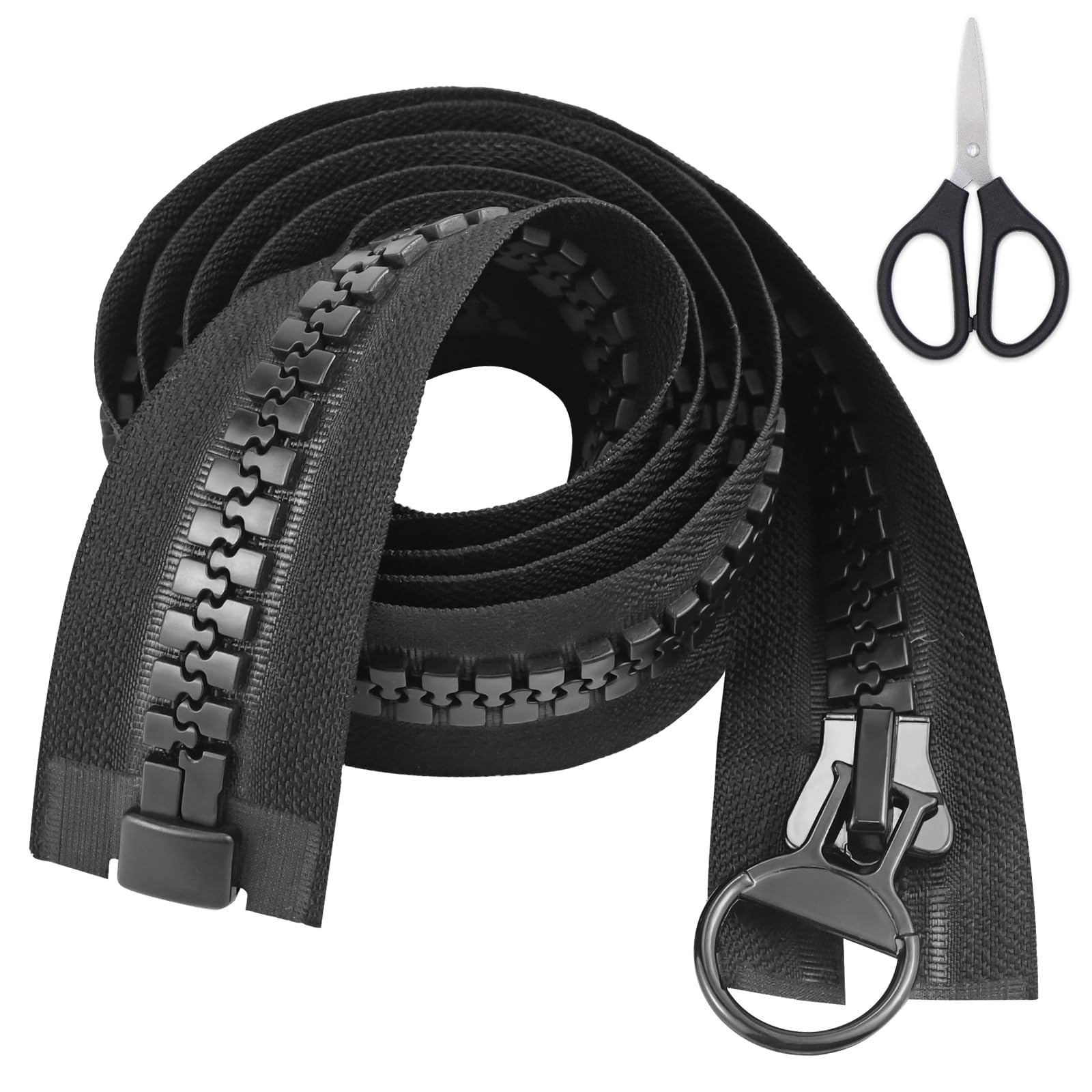 Plastic Zip with Scissors, 150cm Extra Long Zips Chunky Zip, Large Separable Black Waterproof Zi/p Replacement for Jackets, Heavy Duty Open Ended Zips for Coat Down Jacket Sewing Tailor Tents