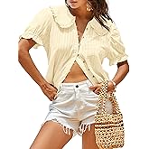 Tankaneo Womens Puff Sleeve Shirts Peter Pan Collar Button Down Cotton Blouse Casual Summer Textured Tops