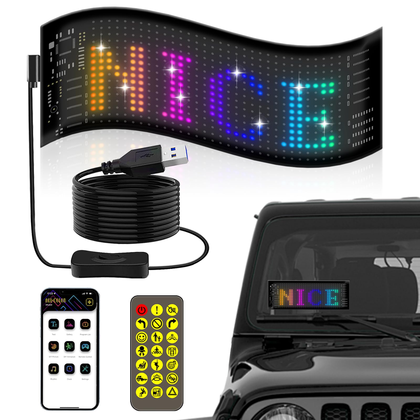 Yabound Programmable LED Sign, Bluetooth App Control LED Car Sign, Flexible Digital Sign, Custom Text Pattern Animation Scrolling LED Display Board for Store Bar Hotel Advertising Party Truck