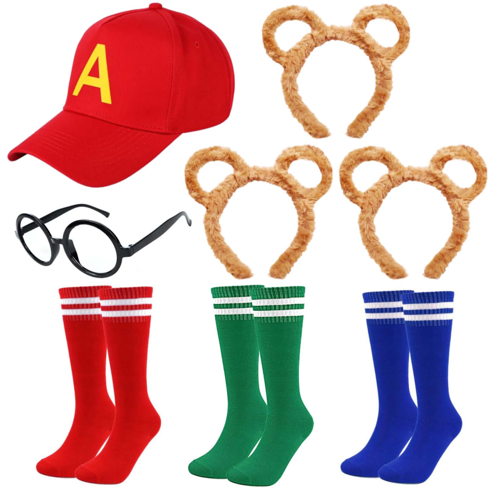 Kavoc 8 Pieces Chipmunks Costumes Set Include 3 Pieces Chipmunk Ears Headband，3 Pairs Soccer Socks，1 Piece Black Round Frame Glasses And 1 Red Cap Animal Costume for Adults Teens World Book Day Party