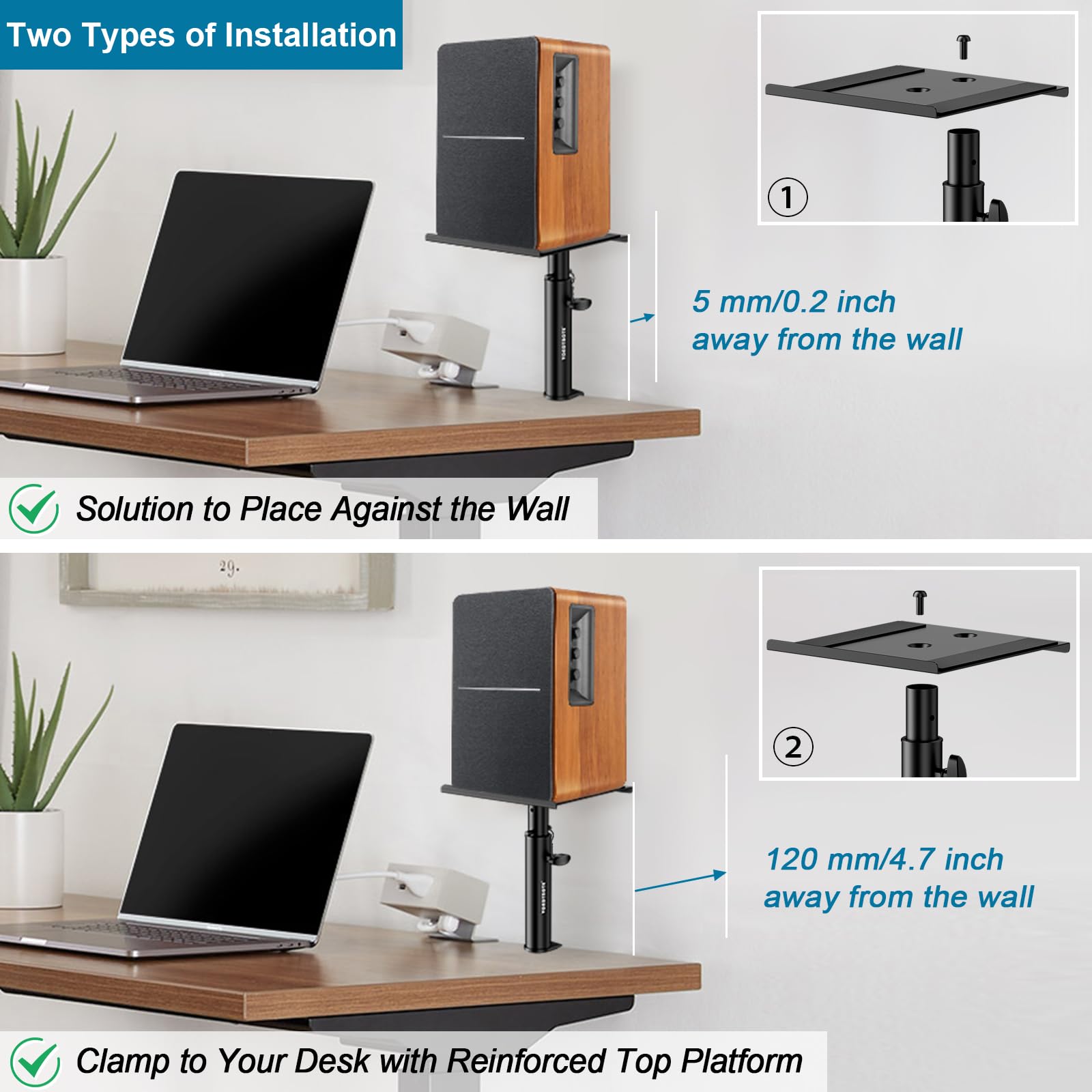 Set of 2 Studio Monitor Stands Desktop Clamp Speaker Stands Against The Wall