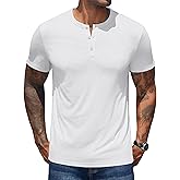COOFANDY Mens Henley T Shirts Short Sleeve Cotton Button Shirts V Neck Casual Solid Fitted Classic Collarless Tees White