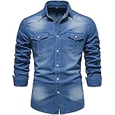 Kissonic Mens Denim Shirt Long Sleeve Slim Fit Jean Shirt for Men Button Down Causal Striped Denim Shirts