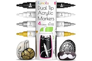 Funcils 4 Dual Tip Acrylic Paint Pens - Fine Tip & Medium, Permanent & Waterproof - Acrylic Paint Markers for Rock Painting, Canvas, Wood, Ceramic, Glass, Fabric, Metal - White, Black, Gold & Silver