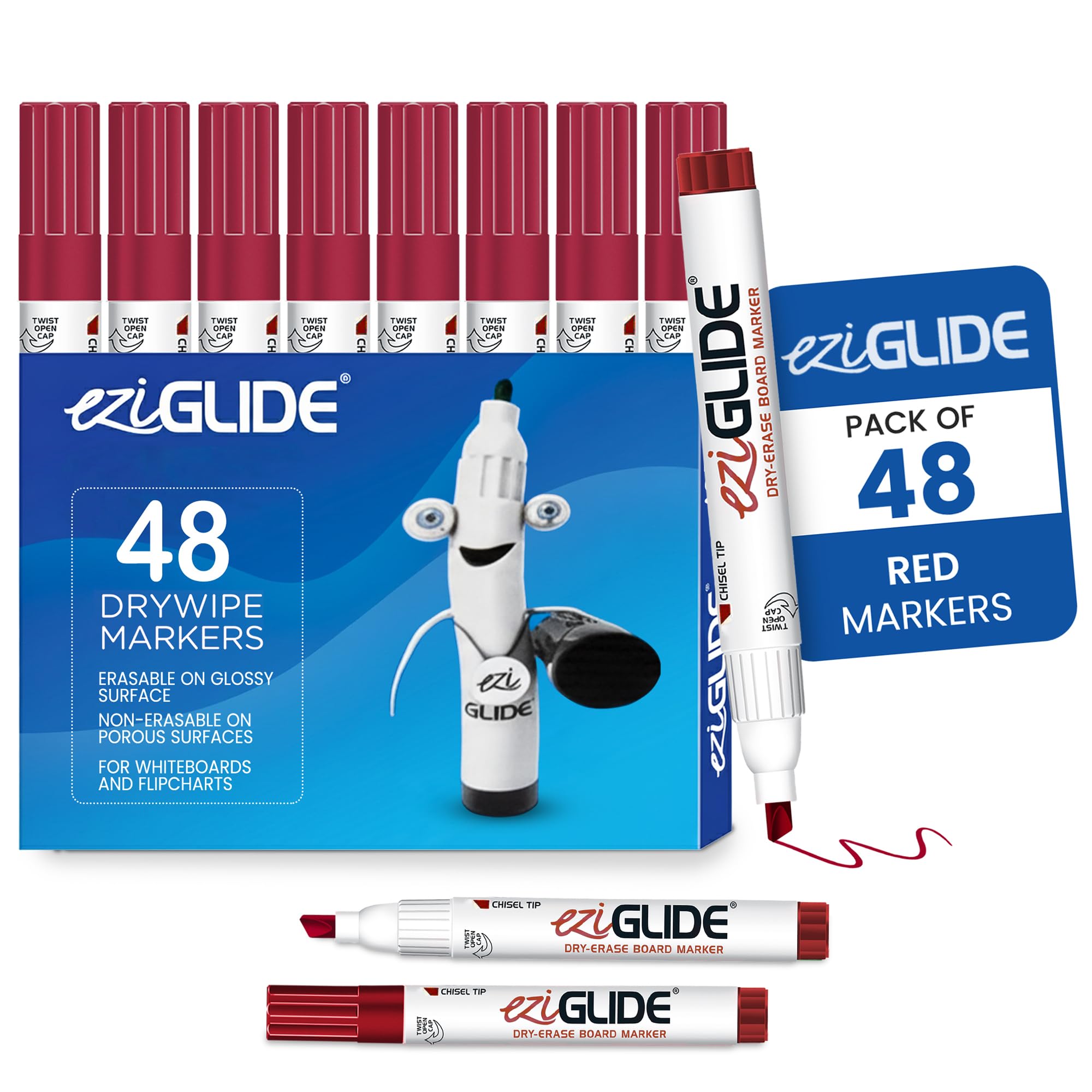 Eziglide Red Chisel Tip Drywipe Whiteboard Pens, Bulk Pack of 48 Red Markers, No Residue Ink, Hard-wearing Fibre Chisel Tip Dry Wipe Pen, Ideal for School, Home and Work