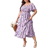 SCOMCHIC Women's Plus Size Summer Dress Casual Short Sleeve Scoop Neck Maxi Dress Smocked Ruffle Boho Flowy Long Dresses