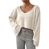 Floerns Women's Long Sleeve Cropped Fall Pullover V Neck Drop Shoulder Rib Knit Sweaters Top