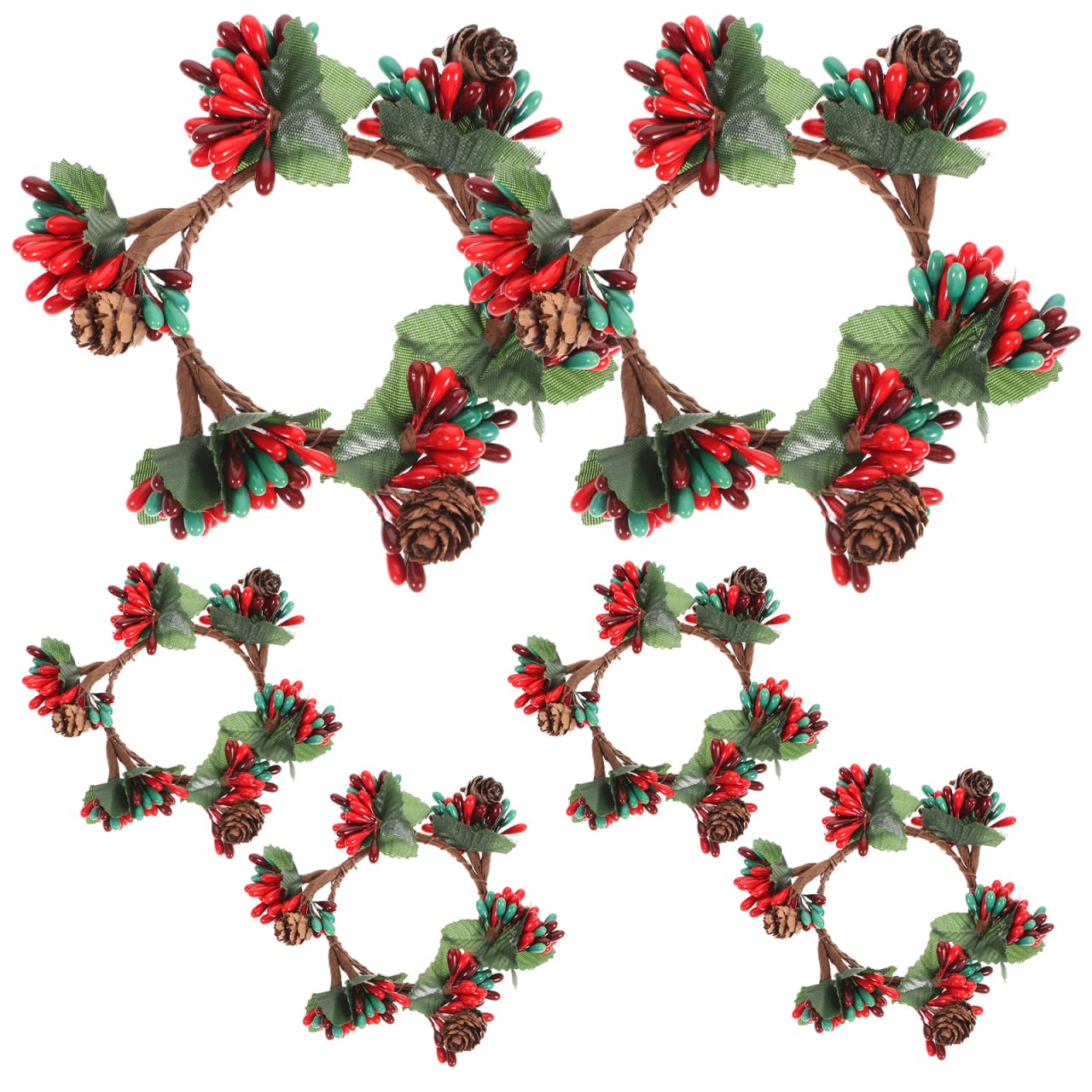 6PCS Mini Christmas Wreath Rattan Candle Wreath Ring with Artificial Pine Cone Red Berry Xmas Table Decoration for Holiday Party Wall Door Window Door Kitchen Cabinets Fireplaces 7cm