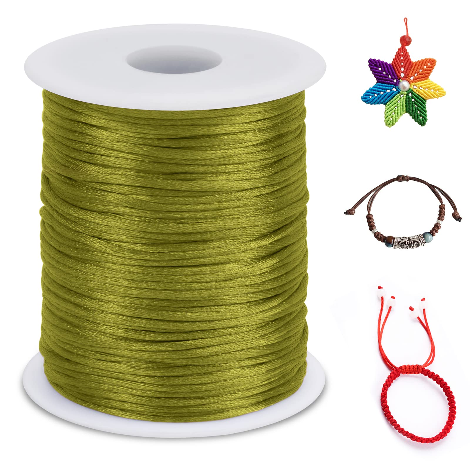 LEREATI Nylon Cord 2mm x 100m, Satin Cord Nylon String Macrame Cord, Coloured Beading Thread String for Making Bracelet, Necklace, Chinese Knot, Jewellery (Army Green)