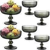 Vesici 6 Pcs Vintage Glass Dessert Bowls 9 oz Ice Cream Cups Trifle Pedestal Bowl Vintage Strips Embossed Glass Dishes for Candy Fruit Salad for Home Party Wedding(Dark Green)