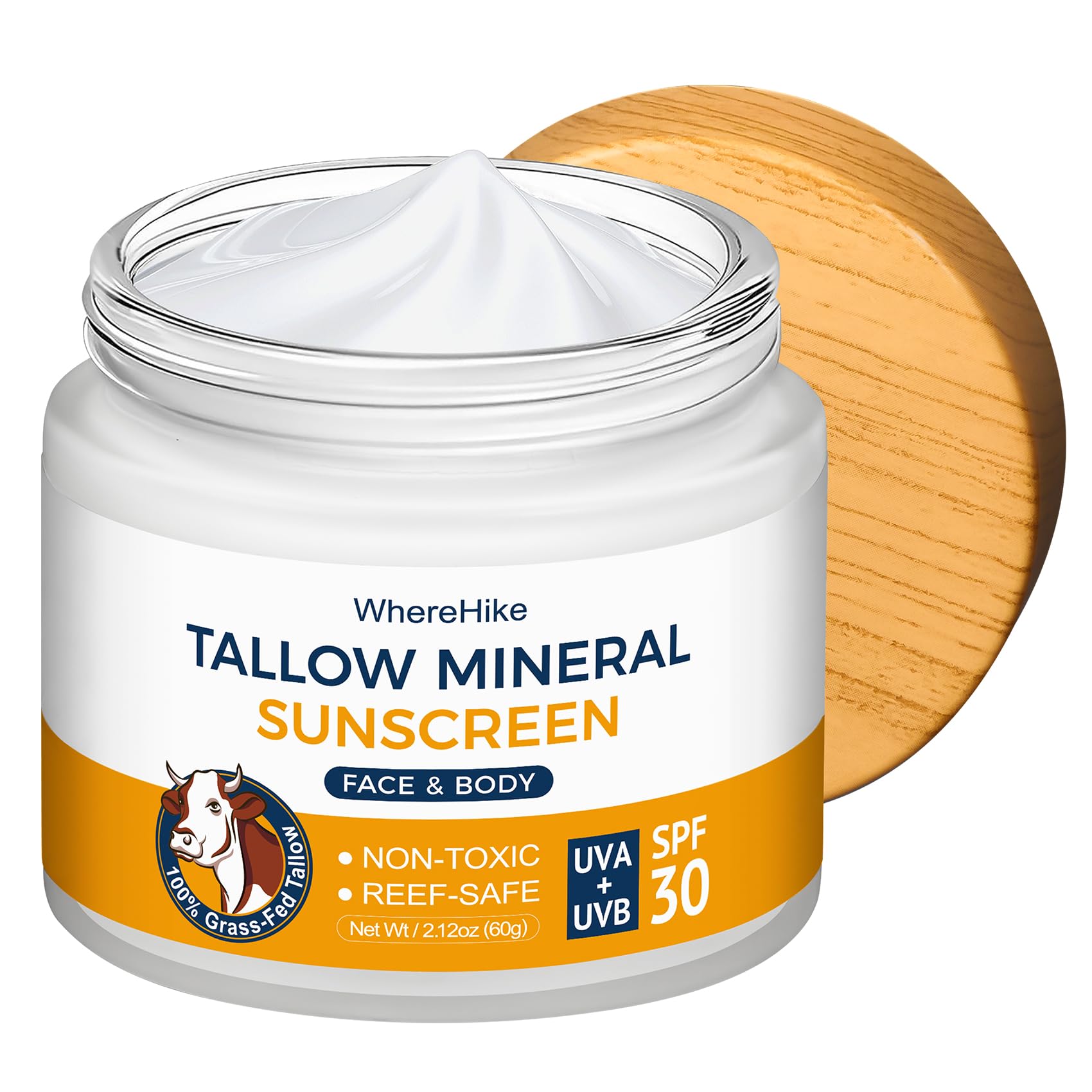 Photo 1 of WhereHike Beef Tallow Sunscreen Organic SPF 30 with Zinc Oxide,Non-Toxic 2-in-1 Moisturizer & Mineral Sunblock | Reef Safe, Chemical-Free,Lightweight, Clean Formula for Sensitive Skin.