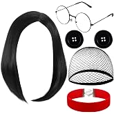 Suncalla 5 Pcs Button Eye Glasses Halloween Costume Accessories for Adult | Includes Black Short Bob Cut Wig, Red Choker, Halloween Movie Role Cosplay for Women