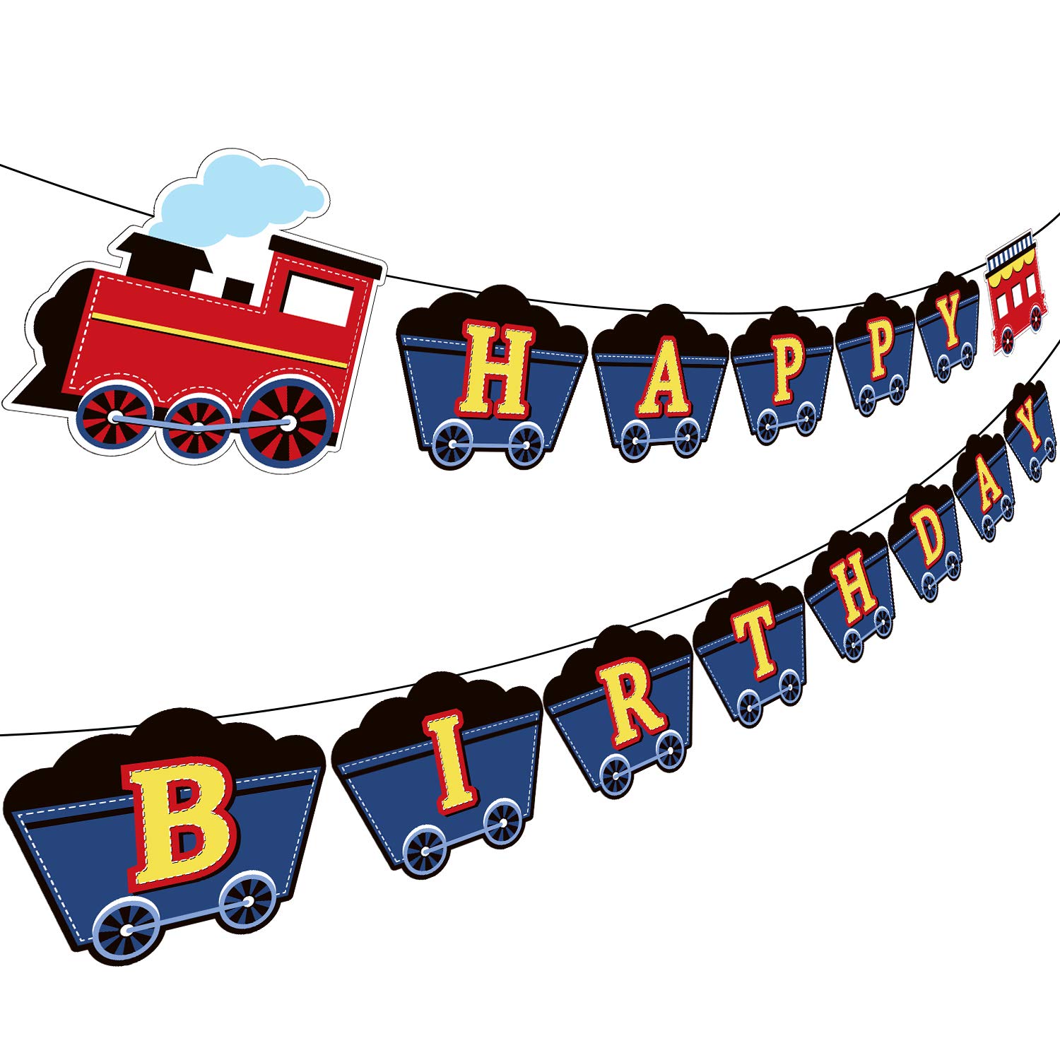 Photo 1 of Train Birthday Party Banner Decorations, Railroad Steam Train Happy Birthday Sign Transportation Vehicle Party Garland Supplies