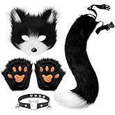 Therian Mask Animal Wolf Paw Gloves & Furry Cat Ears Collar Set with Fox Tail - Cosplay Costume Kit