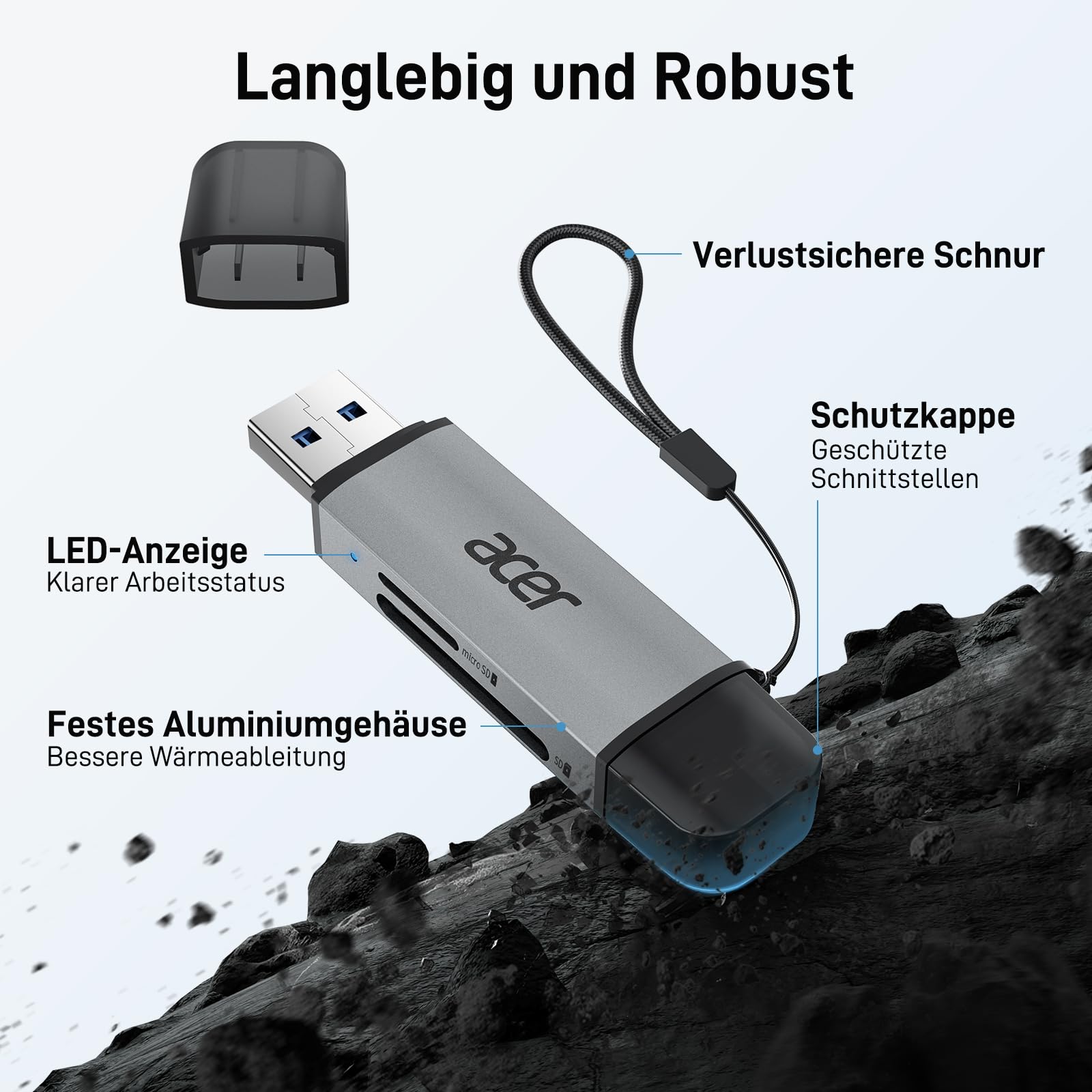 acer SD Kartenleser, Dual USB 3.0 USB C Stecker Kartenlesegerät, Aluminium OTG Adapter SD Card Reader Speicherkartenleser für SD/Micro SD/TF/SDHC/SDXC, iPhone 17 16 15 Serie, Android/Windows/macOS. 6