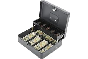 Polspag Cash Box with Key Lock and 2 Keys,Metal Money Box for Cash with Money Tray, Locking Cash Boxes with Handle, Portable Lock Safe Box with 4 Bill/5 Coin Slots, 11.8 x 9.5 x 3.5 Inch, Top Key-Grey