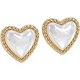 FETTERO Gold Earrings for Women 14K Gold Plated Love Heart Stud Earrings | Dainty Heart Earrings Studs Jewelry Mother of Pearl Earrings for Birthday Gift