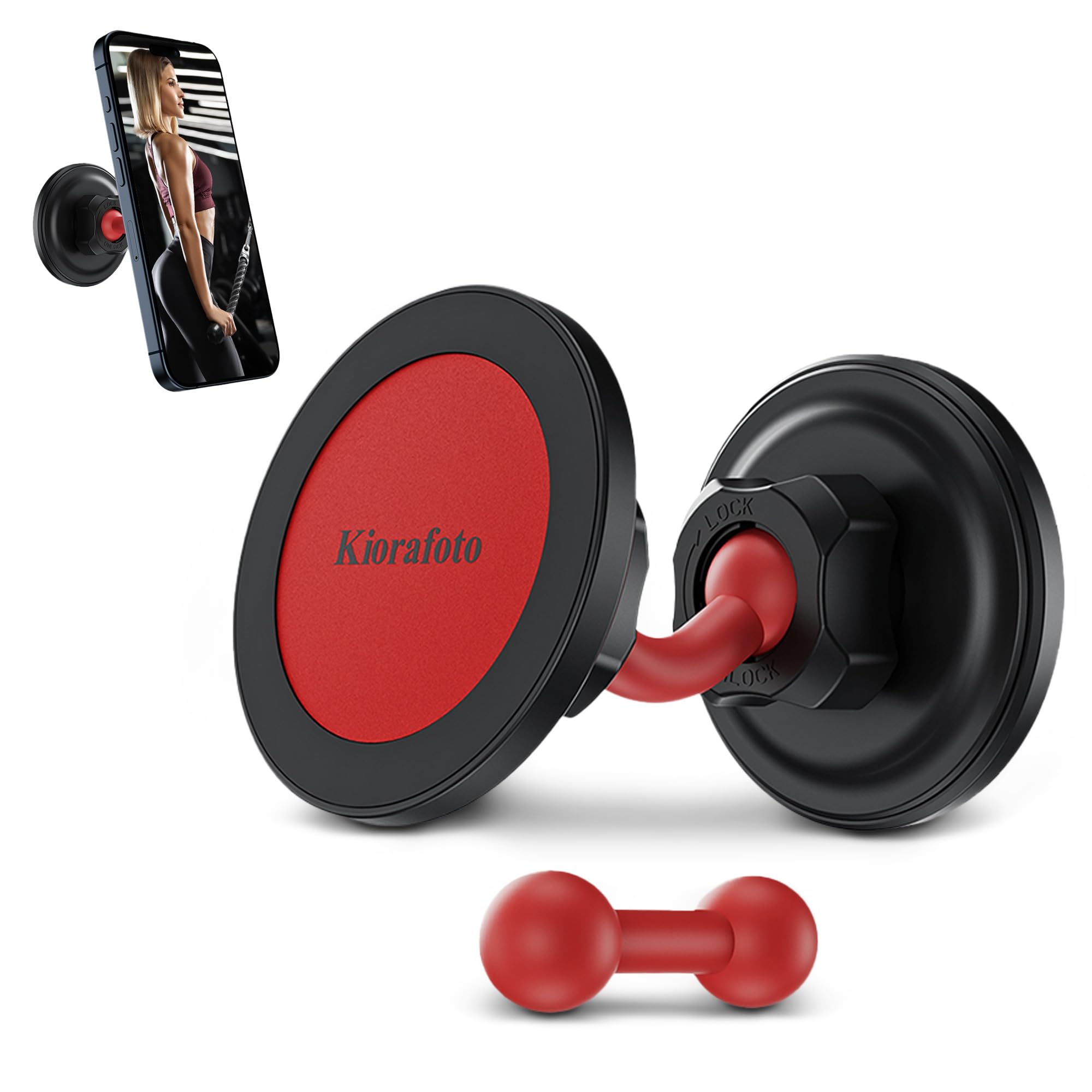 Dual Magnetic Phone Holder for MagSafe,360 Rotation Gym Magnetic Phone Holder Mount,Hands Free Gym Cell Phone Holder with Double Sided Magnet for All Types of Phone(with Angled Arm Replacement) - RED