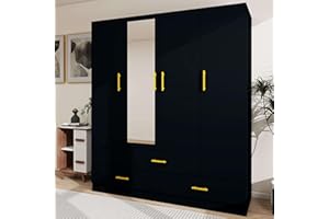 VivaVista Wardrobe Closet with 3 Drawers & Shelves, 71" H Armoire Wardrobe Closet, Wooden Clothes Cabinet Closet for Bedroom, 4 Doors Bedroom Armoires with Mirror & Hanging Rod 63" Wx20 Dx71 H