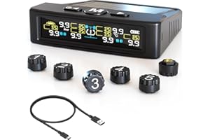 TAUUIO RV Tire Pressure Monitoring System, TPMS with 6 Sensors, 6 Alarm Modes, Solar Charging, 0–9.9 BAR / 144 PSI Tire Pressure Monitor for RVs, Trailers, Motorhomes (Black)