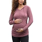 Bhome Maternity Hoodies Button Front Drawstring Hooded Shirt Long Sleeve Pullover Lightweight Sweatshirt with Kangaroo Pocket