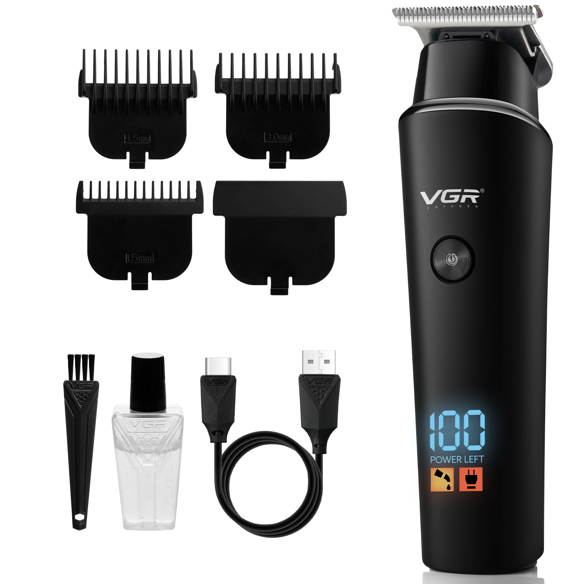 VGR Beard Trimmer Men - Cordless USB-C Rechargeable Hair Clippers - 6500 RPM Electric Motor - 500 Min Battery - 0.2 mm Close Cut Facial & Head Trimmer - Stubble, Moustache, Neck, Face Grooming Kit
