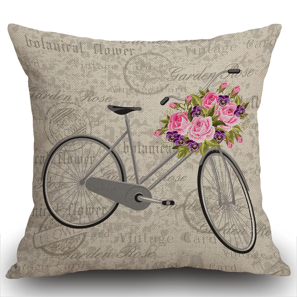 Smooffly Throw Pillow Case Gray Bicycle With A Basket Full Of Flowers Vintage Cushion Cover 18x18 inch Linen Square Throw Pillow Cover for Living Room Sofa Couch Bed Pillowcase 45cm x 45cm