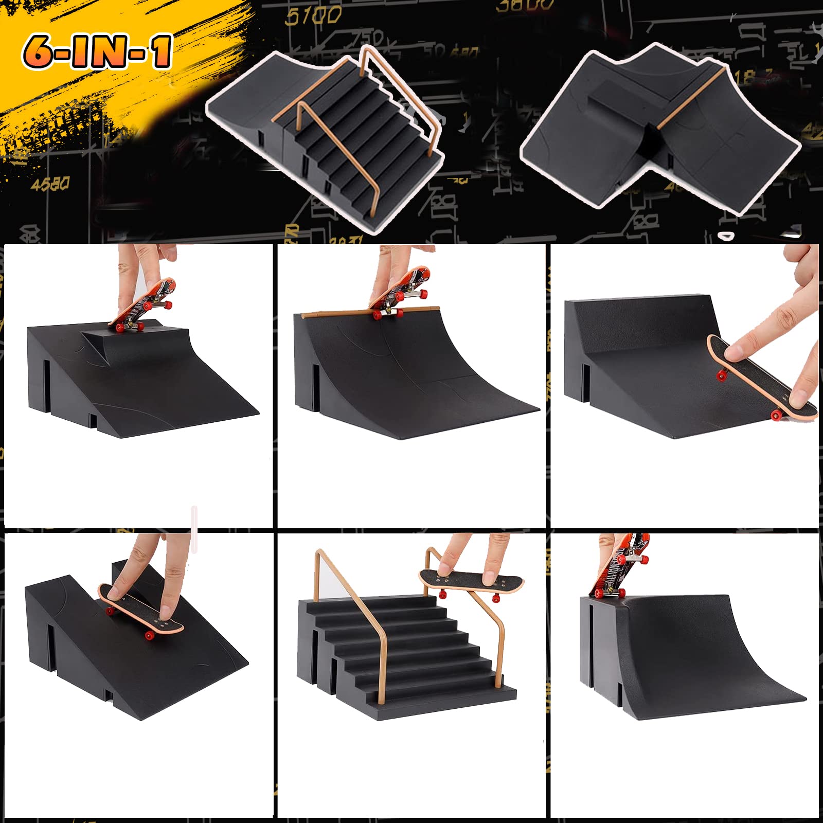 RNGODO Fingerboard Skatepark Skate Park Kit, Bigger Finger Skateboard Ramp Set Ultimate Parks Training Props with 3 Finger Skateboard 6 Finger Deck Finger Skate Toys for Kids & Adults Gifts