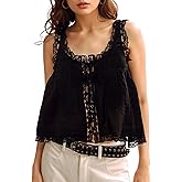 Wyeysyt Women Lace Trim Tank Tops Summer Flowers Boho Semi Sheer Tie Button Front Tops Sleeveless Mesh Going Out Cami Shirt