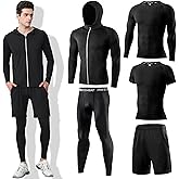 DMVOD Mens 5Pcs Quick Dry Compression Sets Tops Accessories Clothes Equipment for Workout Gym Athletic Running Sport