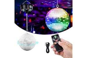 COOMATEC 8" Hanging Disco Ball with Motor and Light, Rotating Spinner with Remote Control, 4 Light Colors and 18 LEDs for 70s 80s Party DJ Club Wedding Birthday Supplies