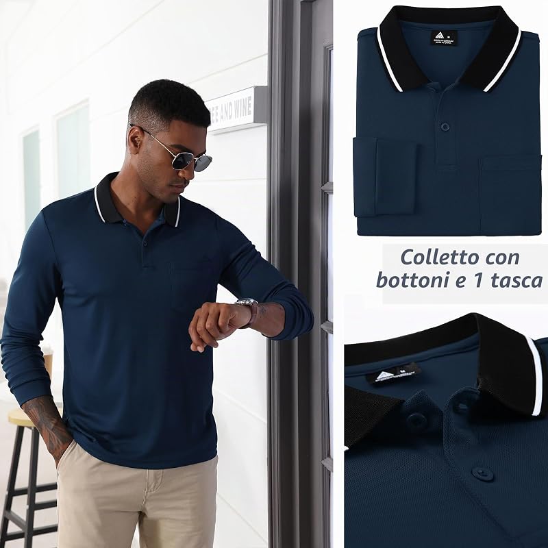 Polo Uomo Maniche Lunghe Polo da Golf Lavoro Traspirante T Shirt con Taschino Primavera Autunno Camicie per la Pesca Escursionismo,Blu Navy,M