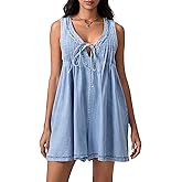 Elyincii Front Tie Ruffle Denim Romper for Women Summer Sleeveless V-Neck Plus Size Jean jumpsuit Flowy Western Romper