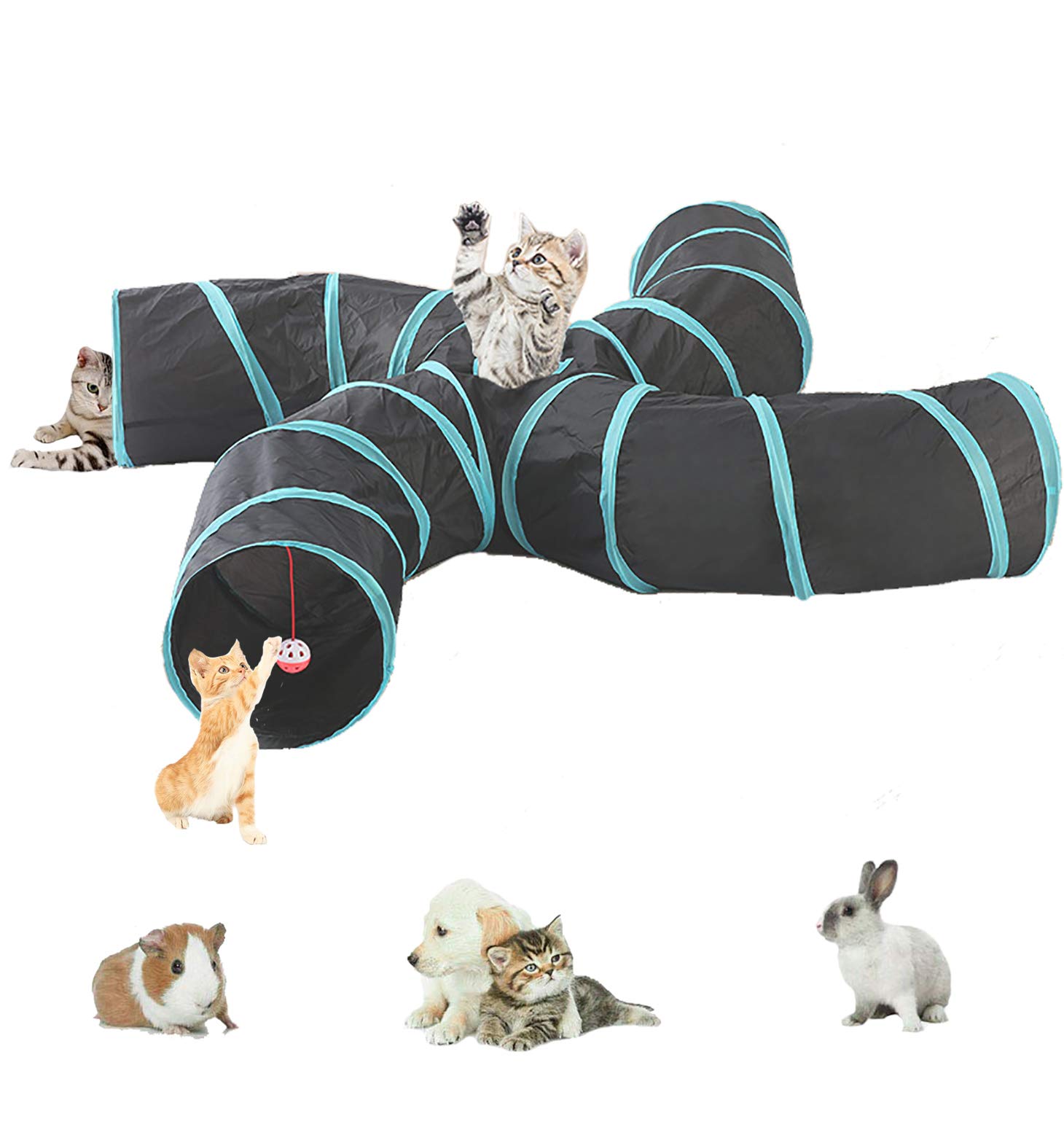 Lightweight Collapsible 5 Way Cat Tunnel with Pompom and Bells,Interactive Crinkle Pop Up Maze House Toy for Cat,Small Rabbits,Kittens,Puppy, Ferrets, Guinea Pig (4 way S-shape, Blue/Black)