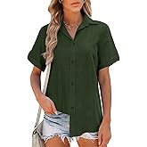 Hotouch Linen Button Down Shirt Women Roll-Up Cuffed Short Sleeve Blouses V Neck Collared Shirts Summer Beach Cotton Tops