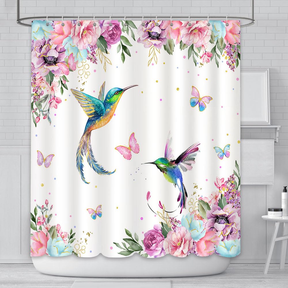 AIBIIN 180x180cm Watercolor Flower Hummingbird Shower Curtain for Bathroom Spring Pink Wildflower Polyester Fabric Botanical Shower Curtain with Hooks