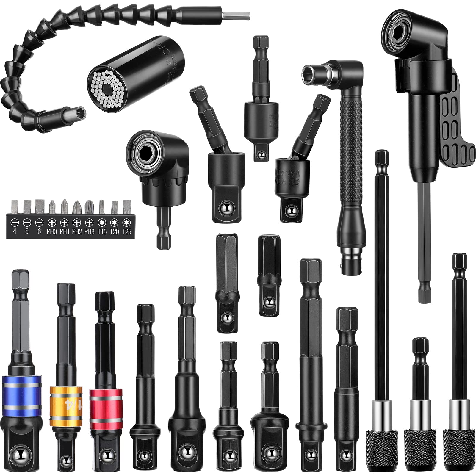 Photo 1 of 32 Pieces Flexible Drill Bit Extension Set Including 105° Right Angle Drill Attachment 1/4, 3/8, 1/2 Inch Hex Adapter Socket Bendable Magnetic Extender Universal Bit Extension Screwdrive