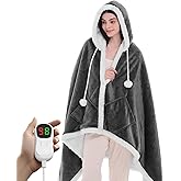 PLOATH Heated Electric Blanket Shawl: Heating Throw Heated Poncho - Wearable Blanket Hoodie Wrap Sherpa with 10 Heat Levels & Multi Heating Time Settings (40x70'' Dark Grey)