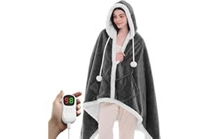 PLOATH Heated Electric Blanket Shawl: Heating Throw Heated Poncho - Wearable Blanket Hoodie Wrap Sherpa with 10 Heat Levels & Multi Heating Time Settings (40x70'' Dark Grey)