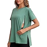 Ecavus Women's Oversized Nursing Shirts for Breastfeeding with Hidden Zipper Short Sleeves Side Splits Maternity Tops