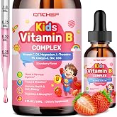 Vitamin B Complex for Kids, B1, B2, B3, B6, B9(Folate), B12, Omega-3 &amp; Magnesium, Kids B Complex Liquid Supplement for Brain, Energy, Focus, Metabolism, Gut &amp; Immune Support,Strawberry Flavor,2 fl oz
