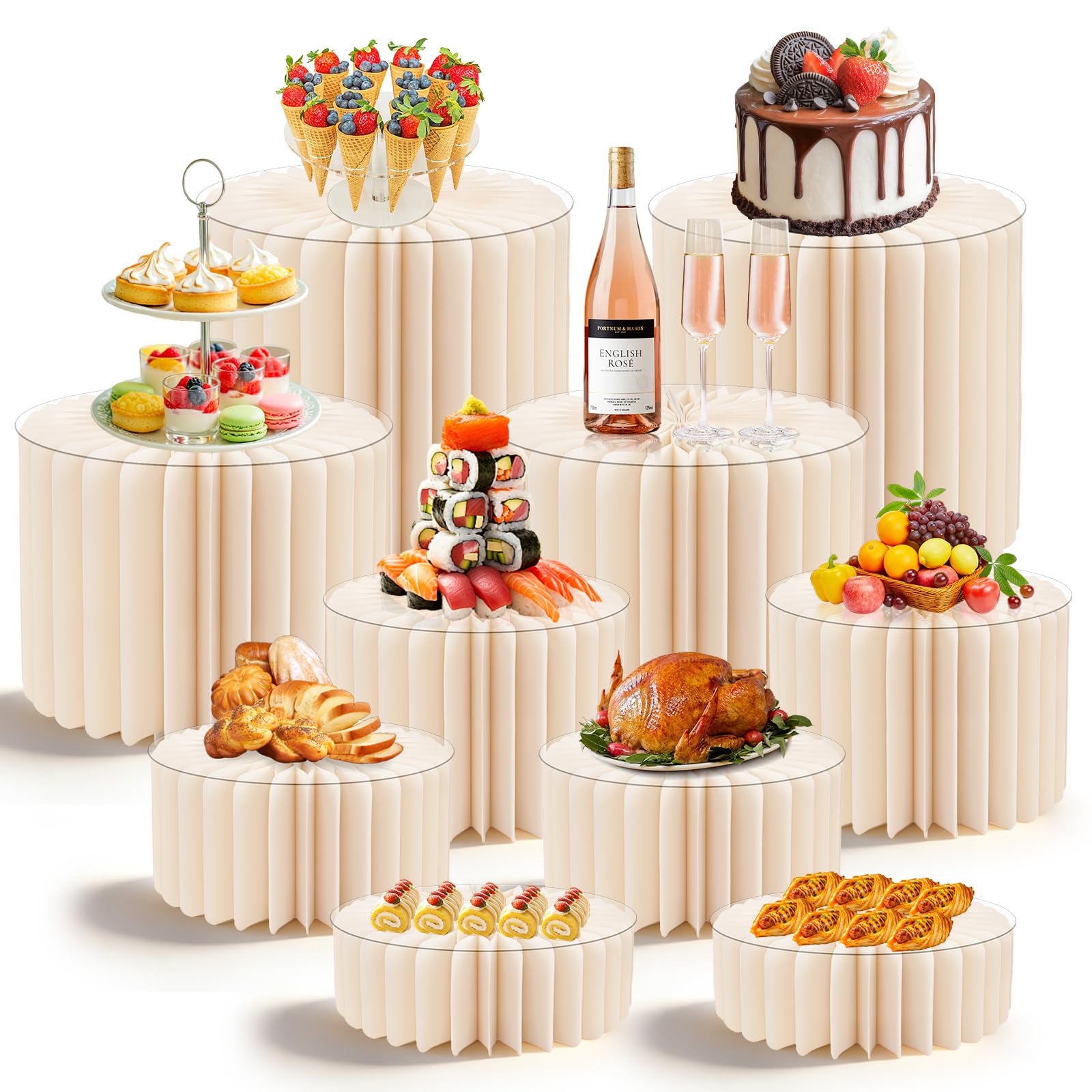 Photo 1 of 10 Pack Buffet Risers Foldable High Load-Bearing Food Display Risers for Buffet Table, Cylinder Cake & Dessert Stands for Weddings Party Catering Home Cupcake Stand Display with Clear Acrylic Tops