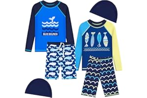 Maiteenly 2 Set Boys Two Piece Rash Guard Swimsuits Kids Long Sleeve Sunsuit Swimwear Sets
