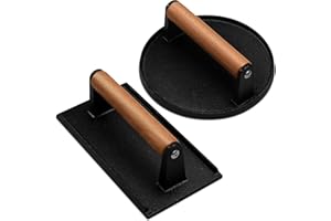Blackstone Burger Press Set - 7" Round smash burger press & 8.3"x4.3" Rectangle Cast Iron Grill Press with Wooden Handle - Sm
