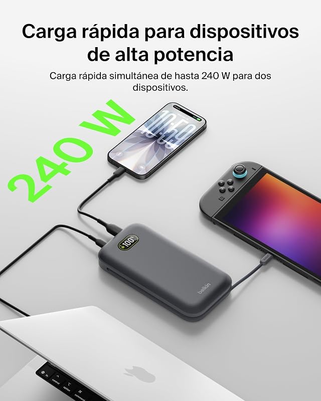 UltraCharge Pro Carregamento Rápido Bateria Externa de 27000mAh, Power Bank com Cabo USB C Integrado, USB PD e USB A de 240 W, Bateria Portátil para MacBook Pro, iPhone, iPad, Galaxy, Pixel, Cinzento Carvão