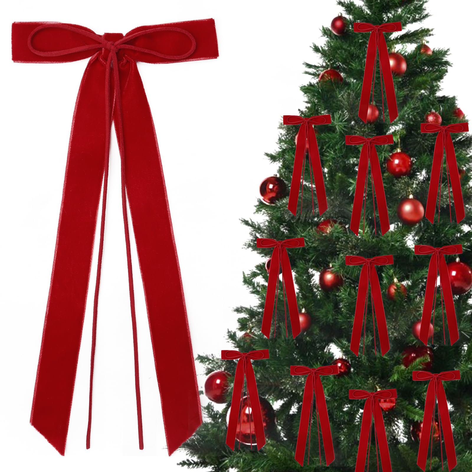 Photo 1 of 12Pcs Red Velvet Ribbon Bows Christmas Tree Decorations,5in x 10in Xmas Ornaments for Tree Home Party Front Door Wreath Holiday Decor